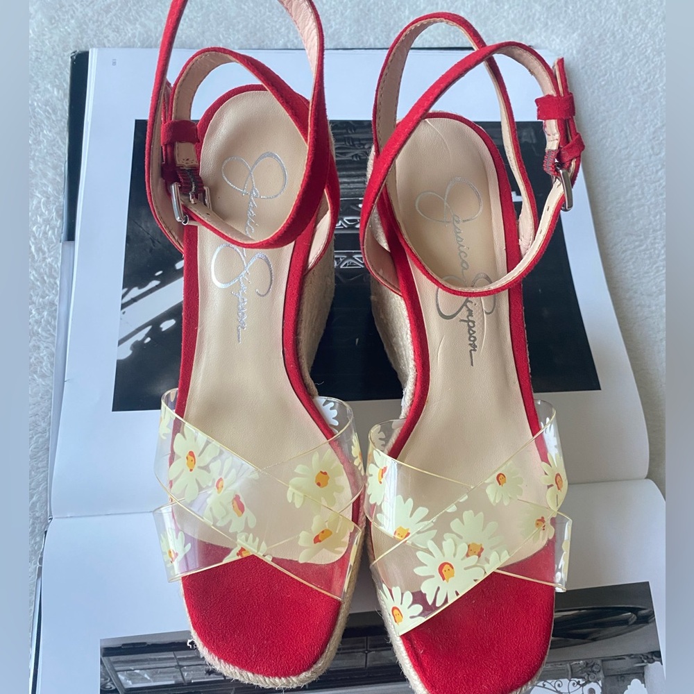 Jessica Simpson Semie Floral Jelly Strap Espadrille Wedge Sandal Womens 7.5 Red - Picture 4 of 13